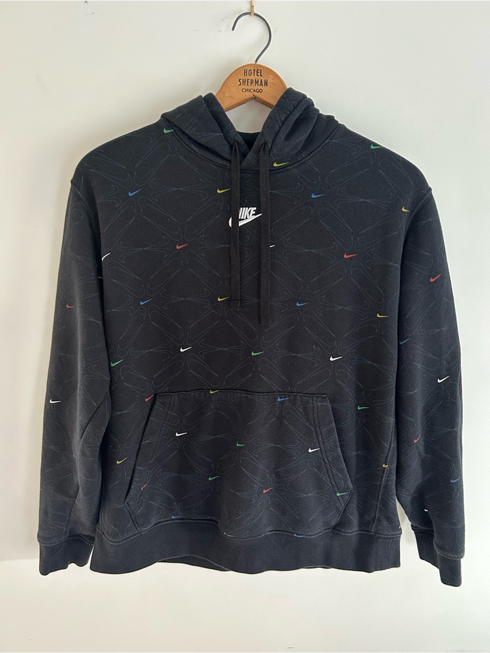 Nike All-Over Print Swoosh Hoodie Mens Large Black Multicolor AOP